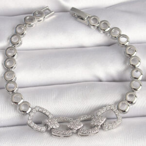 Pirinç Gümüş Renk Zirkon Taşlı Daire Zincir Model Kadın Bileklik BB6843