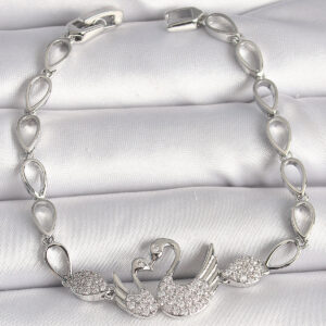 Pirinç Gümüş Renk Zirkon Taşlı Kuğu Figür Damla Zincir Model Kadın Bileklik BB6850