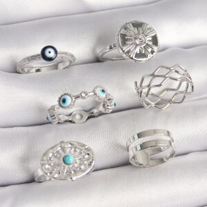 Pirinç Gümüş Renk Nazar Boncuk Zirkon Taş Detaylı Dalga Figür Kadın Yüzük Kombini BYK3653