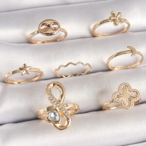 Pirinç Gold Renk Zirkon Taşlı Sonsuzluk Figür Yıldız Detay Kadın Yüzük Kombini BYK3674