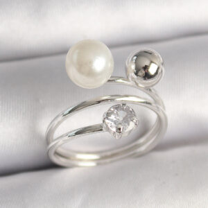 Pirinç Gümüş Renk Zirkon Taşlı Toplu İnci Model Kadın Yüzük BYK3678