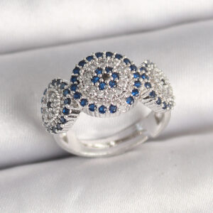 Pirinç Gümüş Renk Zirkon Taşlı Nazar Boncuk Model Ayarlanabilir Kadın Yüzük BYK3699