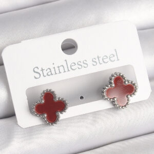 Pirinç Gümüş Renk Bordo Yonca Model Kadın Küpe BKP10359