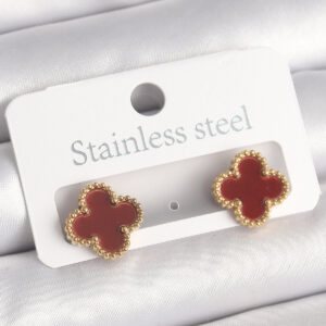 Pirinç Gold Renk Bordo Yonca Model Kadın Küpe BKP10360