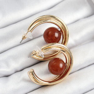 Pirinç Gold Renk Halka Model Kahverengi Boncuk Detay Kadın Küpe BKP10364