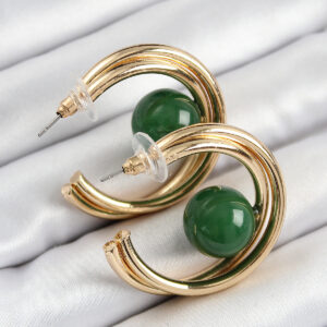 Pirinç Gold Renk Halka Model Yeşil Boncuk Detay Kadın Küpe BKP10365