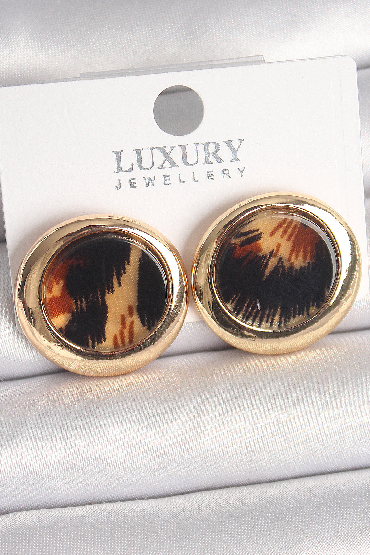 Pirinç Gold Renk Leopar Desen Daire Model Kadın Küpe BKP10371