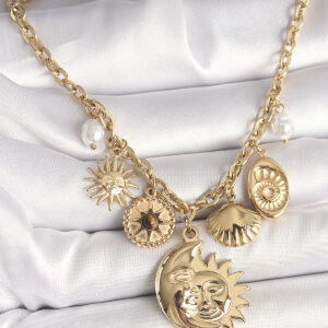316L Çelik Gold Renk Ay Güneş Figür Deniz Kabuğu Detay Kadın Kolye BKO9913