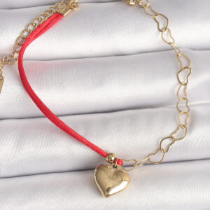 316L Çelik Gold Renk Zincir Kırmızı İp Model Sallantı Kalp Figür İşleme Detaylı Kadın Bileklik BB6868