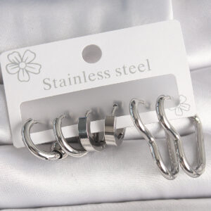 316L Çelik Gümüş Renk Kalp Halka Model Kadın Küpe Seti BKP10381