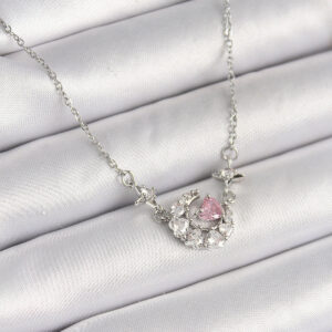 316L Çelik Gümüş Renk Zirkon Taşlı Hilal Pembe Kalp Model Kadın Kolye BKO9930