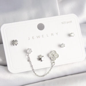 925 Ayar Gümüş Çivi Pirinç Gümüş Renk Zirkon Taşlı Yonca Model Sallantı Zincir Detay Kadın Küpe Seti BKP10400