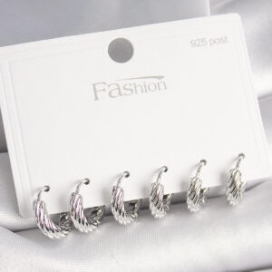 925 Ayar Gümüş Çivi Pirinç Gümüş Renk İşlemeli Halka Model Kadın Küpe Seti BKP10410