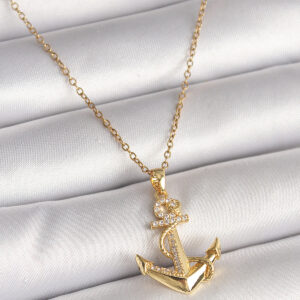 316L Çelik Gold Renk Zincir Zirkon Taş Detaylı Çapa Model Kadın Kolye BKO9950