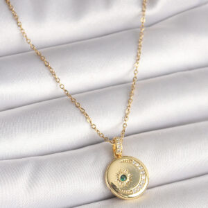 316L Çelik Gold Renk Zincir Zirkon Taş İşlemeli Hilal Yıldız İşlemeli Madalyon Model Kadın Kolye BKO9952