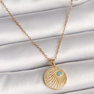 316L Çelik Gold Renk Zincir Zirkon Taş İşlemeli Mavi Taş Detaylı Madalyon Model Kadın Kolye BKO9964