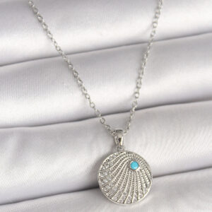 316L Çelik Gümüş Renk Zincir Zirkon Taşlı Mavi Taş Detaylı Madalyon Model Kadın Kolye BKO9965