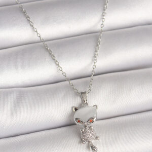 316L Çelik Gümüş Renk Zincir Zirkon Taşlı Kedi Model Kadın Kolye BKO9981