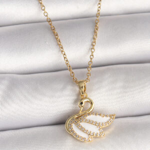 316L Çelik Gold Renk Zincir Zirkon Taşlı Kuğu Model Kadın Kolye BKO9996