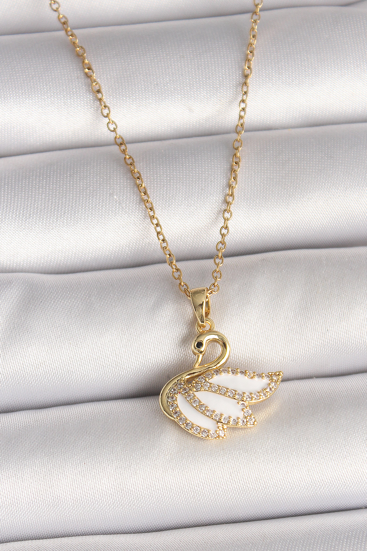 316L Çelik Gold Renk Zincir Zirkon Taşlı Kuğu Model Kadın Kolye BKO9996