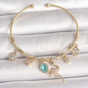 Pirinç Gold Renk Zirkon Taşlı Sallantı Filamingo Figür Charm Kadın Bileklik BB6885