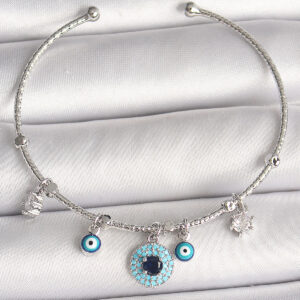 Pirinç Gümüş Renk Sallantı Zirkon Taşlı Nazar Boncuk Figür Charm Kadın Bileklik BB6911