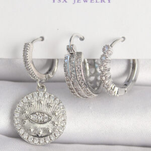 Pirinç Gümüş Renk Zirkon Taşlı Göz İşlemeli Halka Model 3'Lü Kadın Kombin Küpe BKP10436