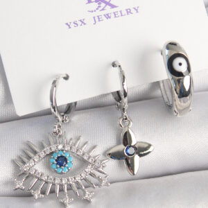 Pirinç Gümüş Renk Zirkon Taşlı Göz Model Nazar Boncuk Detay 3'Lü Kadın Kombin Küpe BKP10440