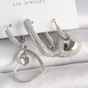 Pirinç Gümüş Renk Sallantı Zirkon Taşlı Kalp Model 3'Lü Kadın Kombin Küpe BKP10442