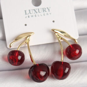 Pirinç Gold Renk Kırmızı Kiraz Model Kadın Küpe BKP10460