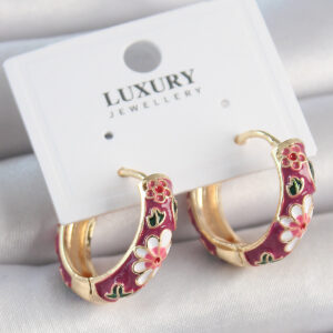 Pirinç Gold Renk Halka Mor Çiçek Mineli Kadın Küpe BKP10474