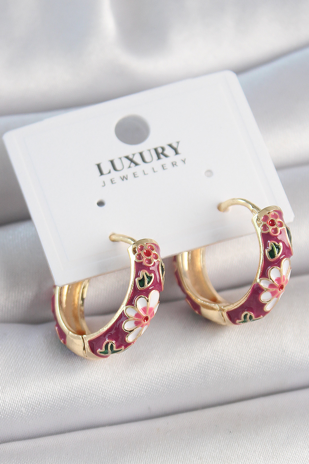 Pirinç Gold Renk Halka Mor Çiçek Mineli Kadın Küpe BKP10474