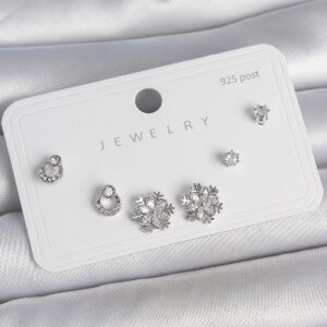 Pirinç Gümüş Renk Zirkon Taşlı Kar Tanesi Model 925 Ayar Gümüş Çivi Kadın Küpe Seti BKP10483