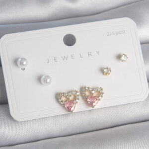 Pirinç Gold Renk Pembe Zirkon Taşlı Kalp Model İnci Detay 925 Ayar Kadın Küpe Seti BKP10488