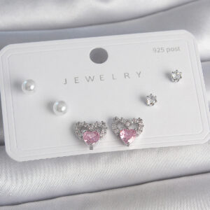 Pirinç Gümüş Renk Pembe Zirkon Taşlı Kalp Model İnci Detay 925 Ayar Gümüş Çivi Kadın Küpe Seti BKP10489