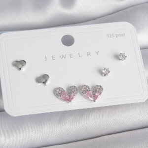 Pirinç Gümüş Renk Pembe Zirkon Taşlı Kalp Model 925 Ayar Gümüş Çivi Kadın Küpe Seti BKP10493