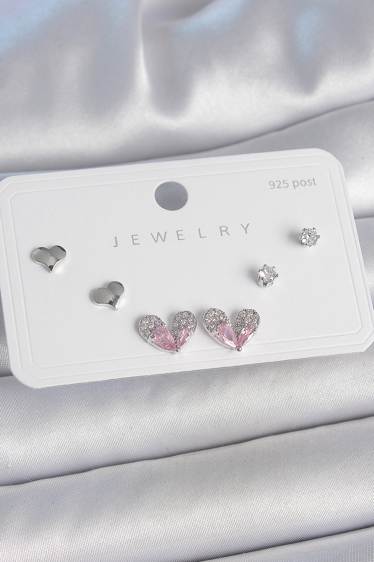 Pirinç Gümüş Renk Pembe Zirkon Taşlı Kalp Model 925 Ayar Gümüş Çivi Kadın Küpe Seti BKP10493