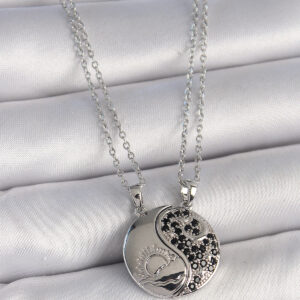 316L Çelik Gümüş Renk Zincir Zirkon Taşlı Ying Yang Model Gün Batımı İşlemeli Arakdaşlık Kadın Kolye BKO10028