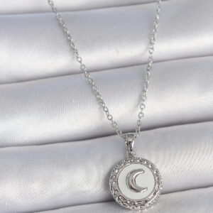 316L Çelik Gümüş Renk Zincir Beyaz Mineli Hilal İşlemeli Madalyon Model Kadın Kolye BKO10034