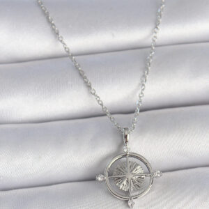 316L Çelik Gümüş Renk Zincir Zirkon Taşlı Pusula Model Kadın Kolye BKO10038