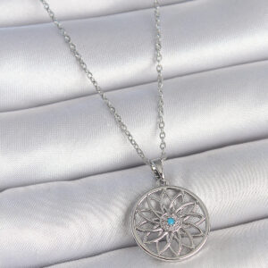 316L Çelik Gümüş Renk Zincir Mavi Taşlı Lotus Model Kadın Kolye BKO10060