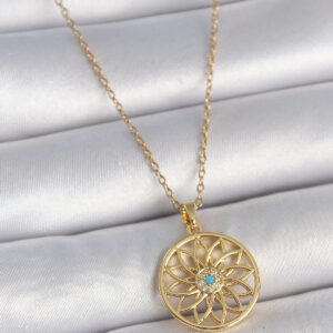 316L Çelik Gold Renk Zincr Mavi Taşlı Lotus Model Kadın Kolye BKO10061