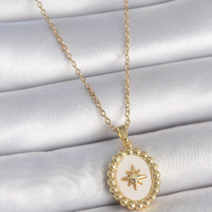 316L Çelik Gold Renk Zincir Beyaz Mineli Kutup Yıldız İşlemeli Madalyon Model Kadın Kolye BKO10063