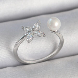 Pirinç Gümüş Renk Zirkon Taşlı Çiçek Model İnci Detay Ayarlanabilir Kadın Yüzük BYK3726