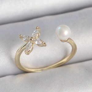 Pirinç Gold Renk Zirkon Taşlı Çiçek Model İnci Detay Ayarlanabilir Kadın Yüzük BYK3727