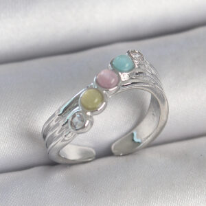 Pirinç Gümüş Renk Zirkon Taş Detaylı Renkli Mineli Ayarlanabilir Kadın Yüzük BYK3728