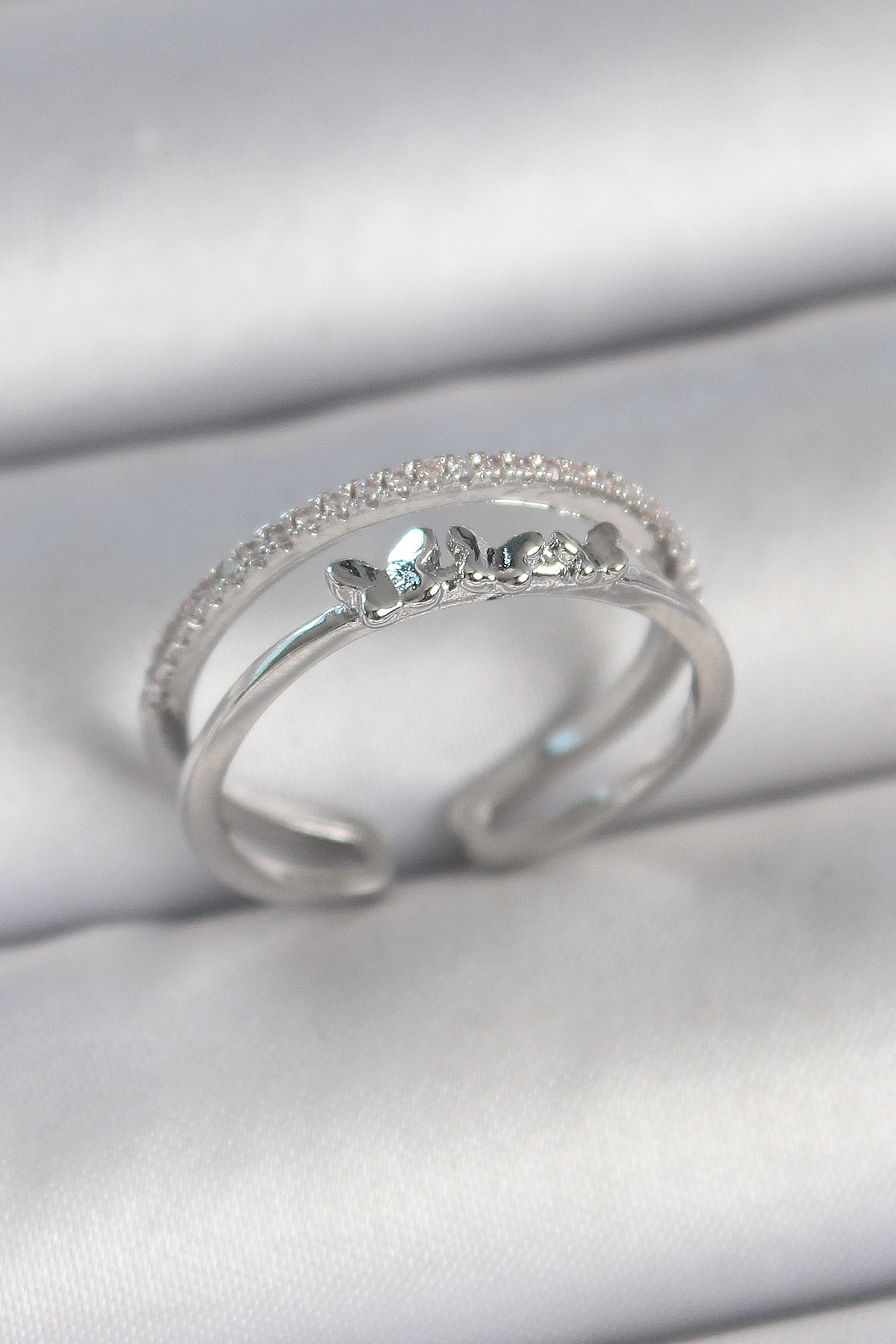 Pirinç Gümüş Renk 2'Li Zirkon Taş Detaylı Kelebek Figür Ayarlanabilir Model Kadın Yüzük BYK3732