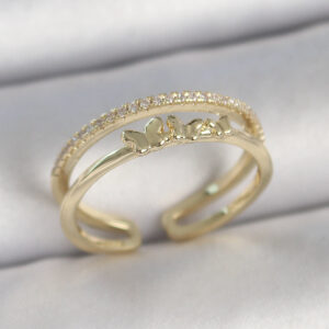 Pirinç Gold Renk 2'Li Sıra Zirkon Taş Detaylı Kelebek Figürlü Ayarlanabilir Model Kadın Yüzük BYK3733