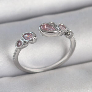 Pirinç Gümüş Renk Pembe Damla Zirkon Taşlı Ayarlanabilir Model Kadın Yüzük BYK3734