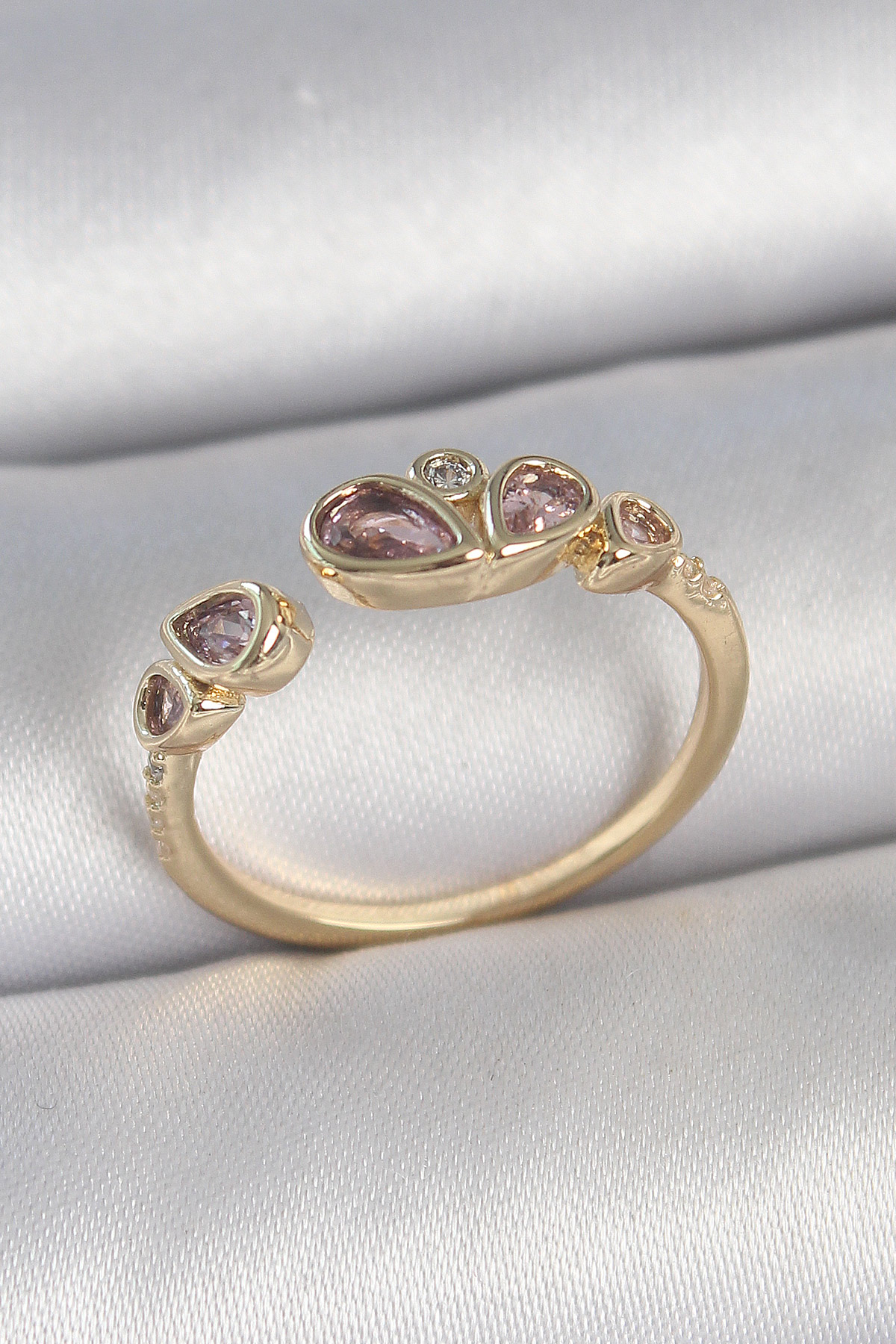 Pirinç Gold Renk Pembe Damla Zirkon Taşlı Ayarlanabilir Kadın Yüzük BYK3735